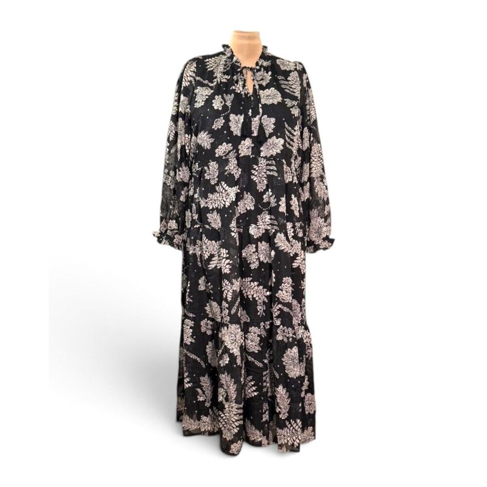 Polagram Black Floral Maxi Dress with Tassels, NWOT! Size 2XL